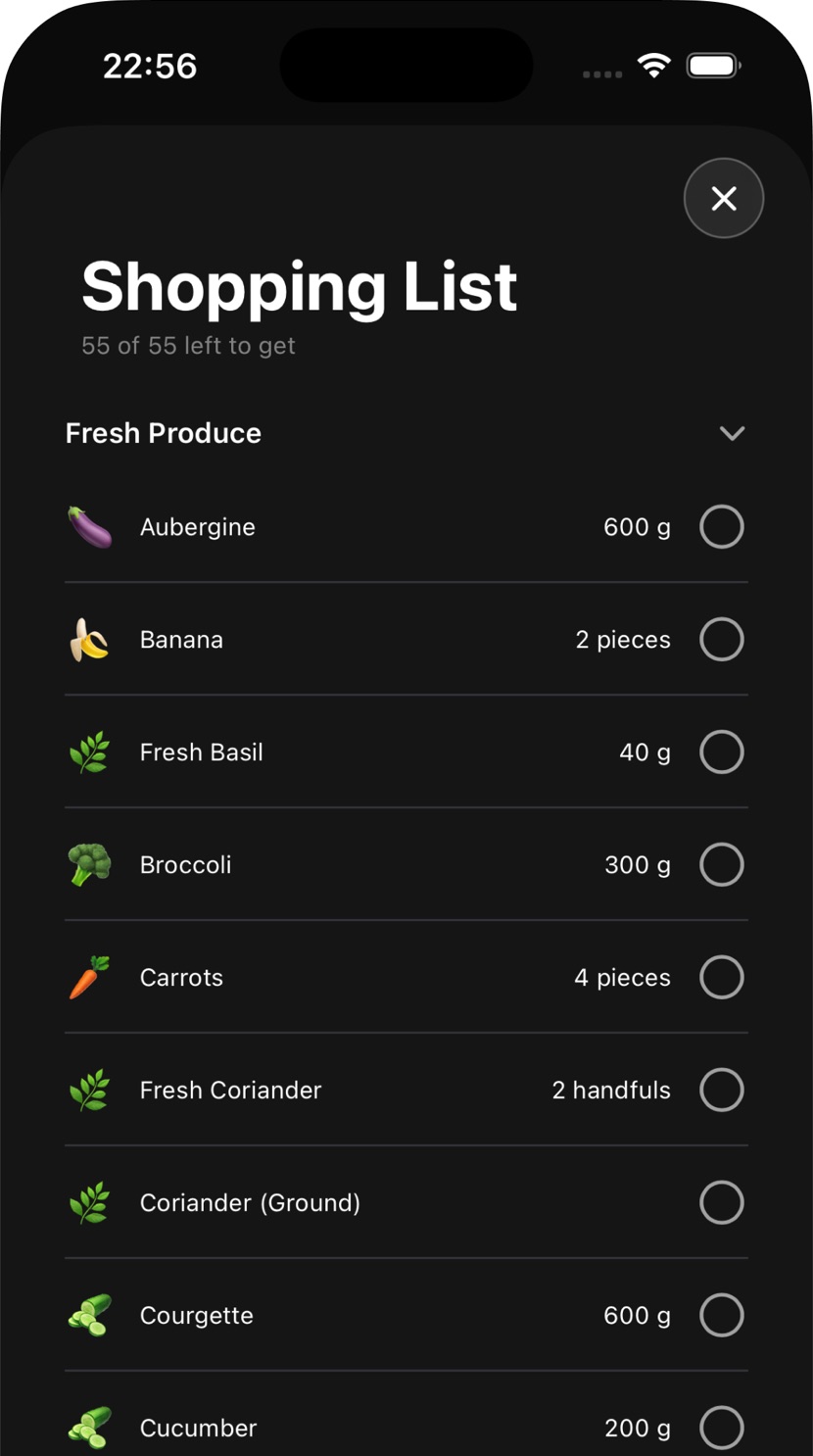 Nom's shopping list, headed 55 of 55 left to get, with a Fresh Produce section listing aubergine 600 g, banana 2 pieces, fresh basil 40 g and more, each with a tick circle.